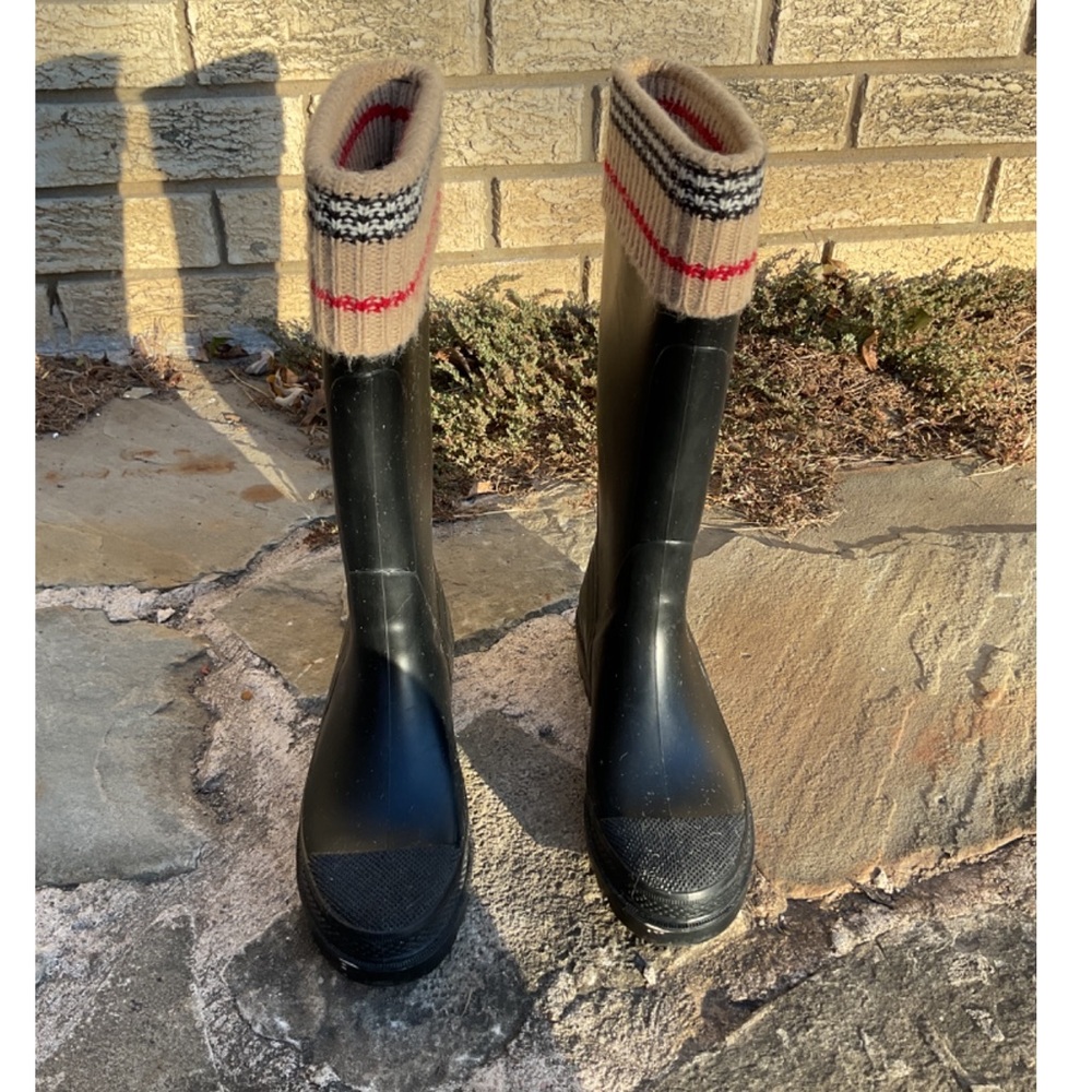 Burberry Black Winter Rain Boots with Tan and Red Accents